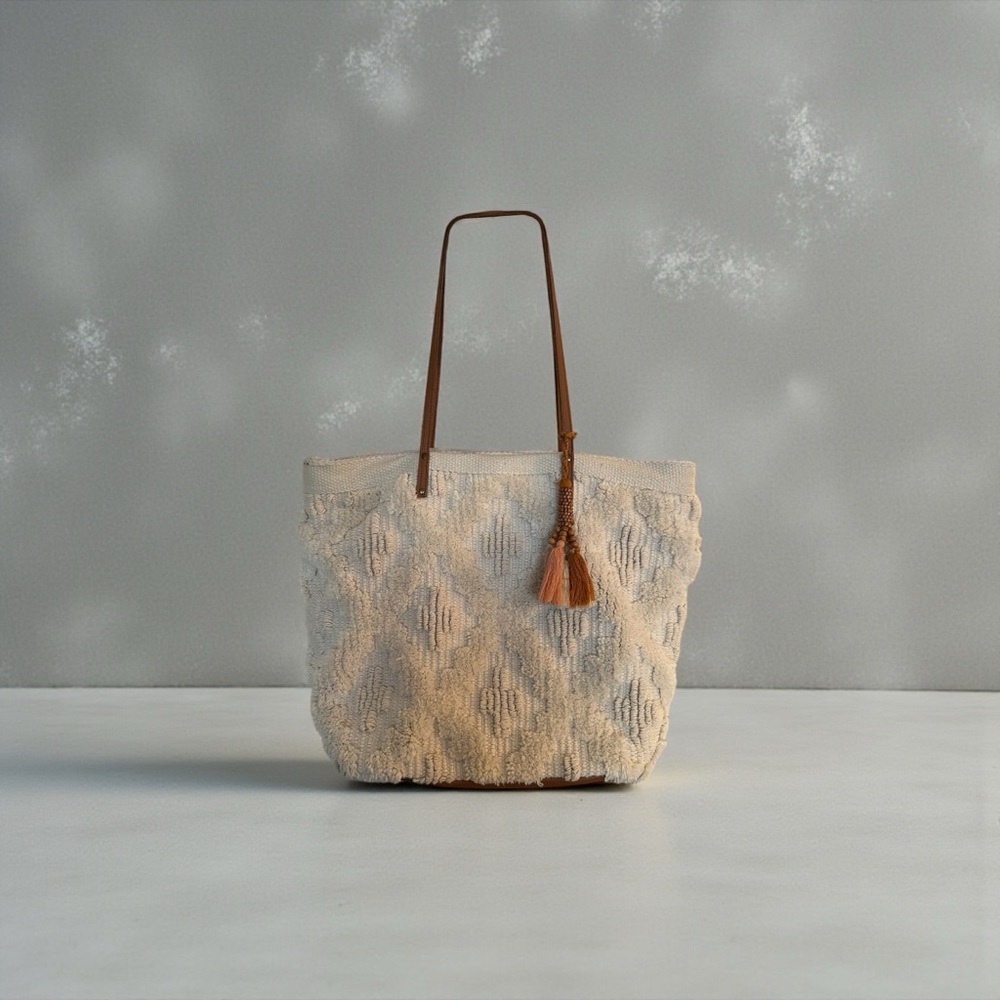 LU & ELLE Cream Shaggy Cotton | Tan Leather Travel Crossbody Shoulder Bag Tote
